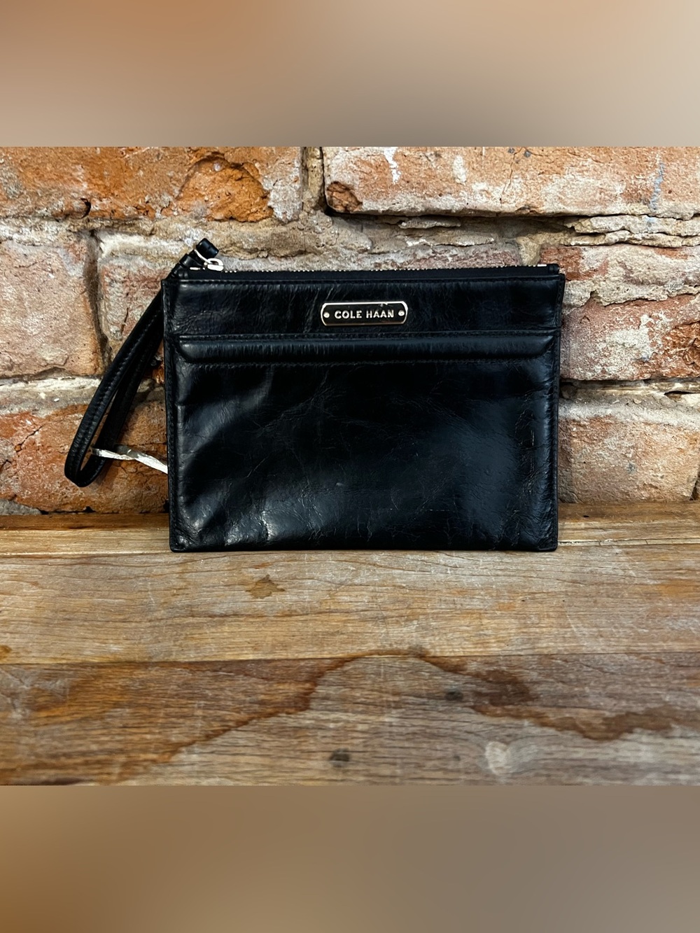 Cole Haan Black Leather Wrist Pouch with Logo Plaque